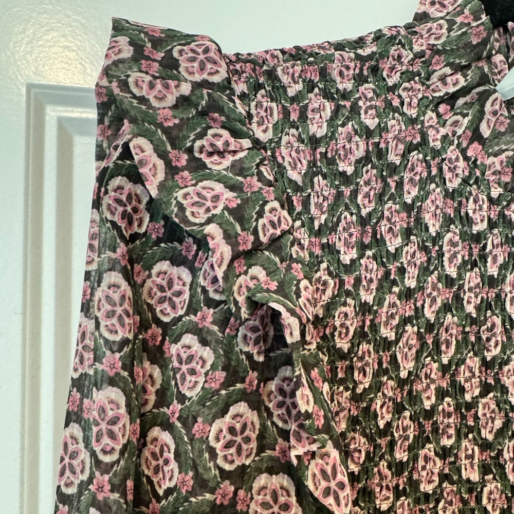 Molly Bracken Semi-Sheer Floral Smocked Blouse Size Small Boho Ruffle Sleeve - Picture 4 of 9